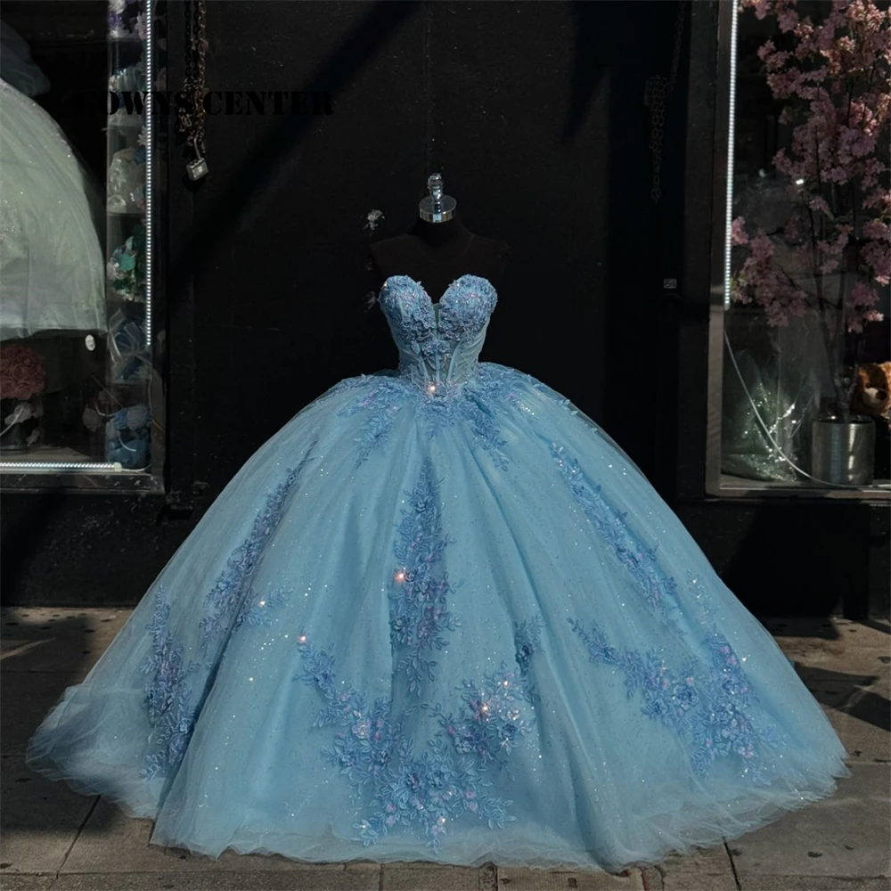 Glitter Blue Lace Applique Sweetheart Ball Gown Quinceanera Dress Mexican Princess Sweet 15 Dress Corset Vestidos De 15 Año