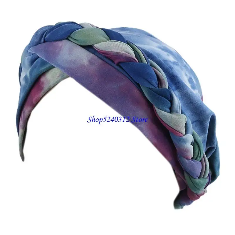 634C Women Twisted Braid Muslim Hijab Turban Hat Gradient Tie-Dye Print Chemo Headscarf Slouchy Wrap Cap Pre-Tied