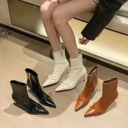 Women's Leather Boots Female Shoes Boots-Women Zipper  Luxury Designer Ladies 2024 High Heel Pointy Med Rubber Mid Calf Mid-Calf
