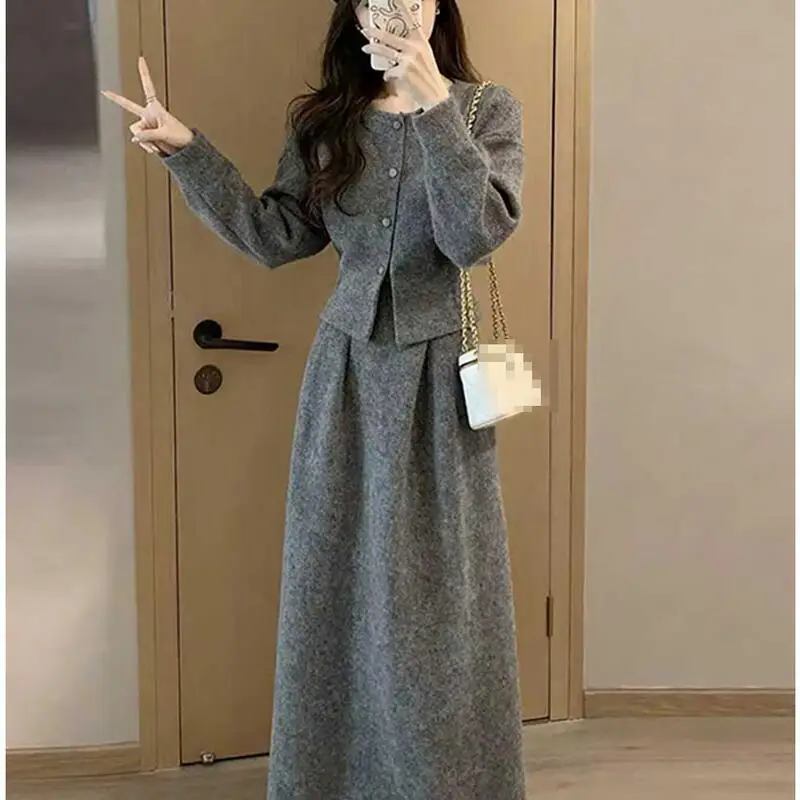 Women Minimalist Knitted Cardigan Half Skirt Casual Set Women's Autumn Winter New Fashion Slim Fit Long Half Skirt Two-Piece Set