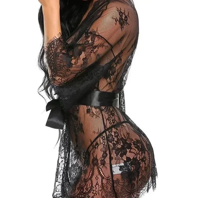 Sexy Cutout Tie Backless Dress Sheer Lace Erotic See Through Lingerie Transparent Porn Night Dress Lace Up Babydoll