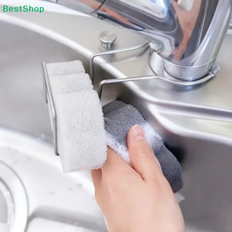 Stainless Steel Sink Sponge Drying Rack No-Drill Adjustable Hooks Kitchen Bathroom Cleaning Storage Organizer