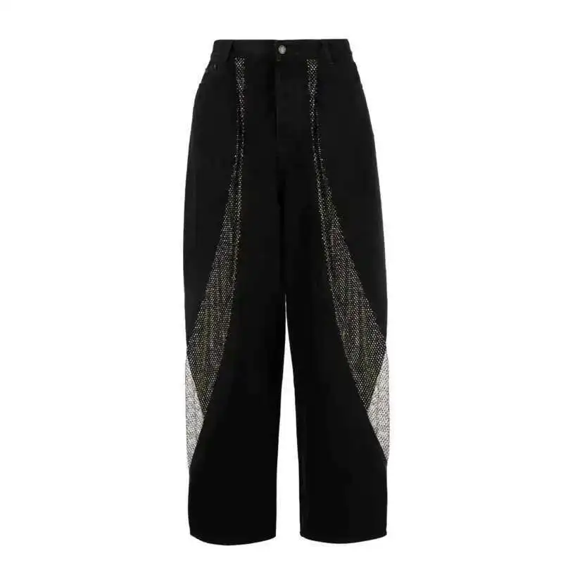 HKSH 여성 조수 트렌디 한 새로운 속이 빈 그리드 다이아몬드 스플 라이스 청바지 워시 디스트레스드 하이 웨이스트 와이드 레그 데님 바지 H2805