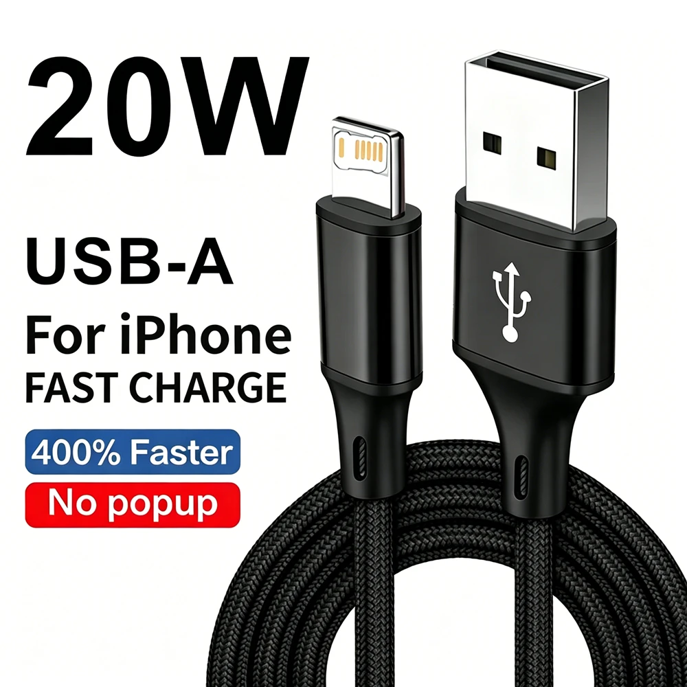 20W USB-A Fast Charging Braided Cable For iPhone 11 12 13 Mini 14 Pro X XR XS Max 6 7 8 14 Plus Quick Charge USB Data Sync Cable