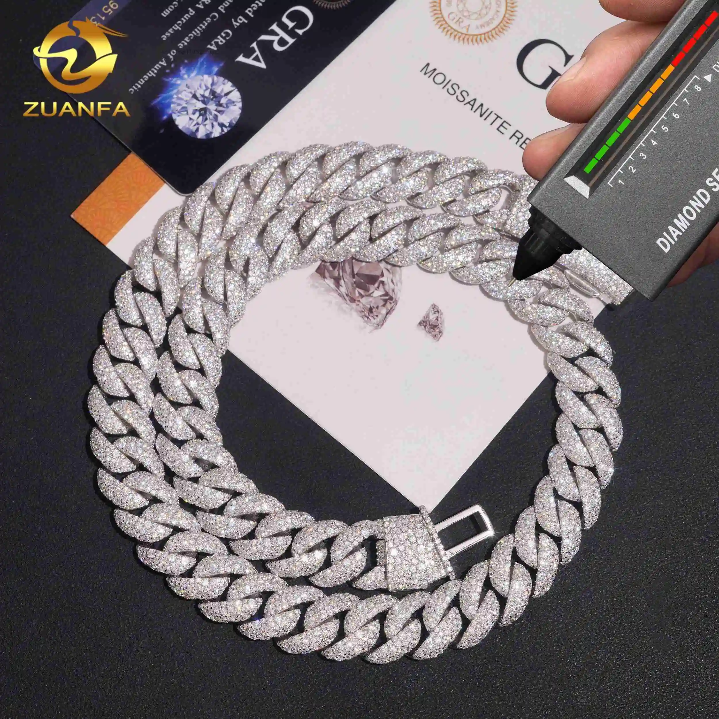 Hot Sale Moissanite GRA Certificated Solid Silver 925 Gold Plated Necklace Chain Hip Hop Iced Out Cuban Link Chain Fine Jewelry，