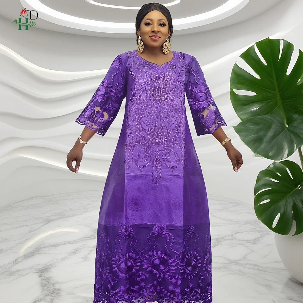 

H&D Plus Size African Dresses Elegant Women's Wedding Party Evening Lace Gown Traditional Embroidered Bazin Riche Robe Djellaba