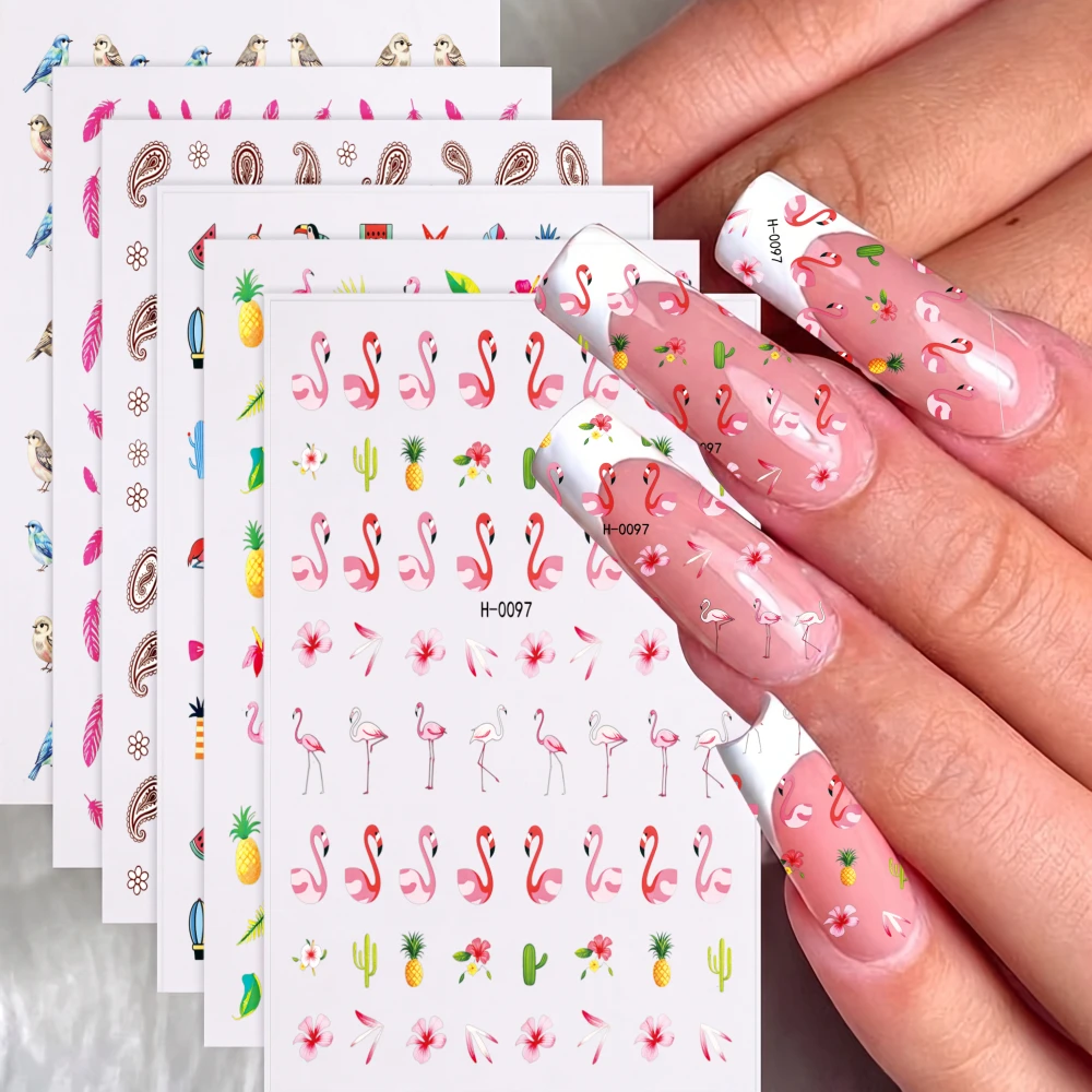 6pcs Bird Feather Flamingo Pineapple Watermelon Nail Decals Summer Tropical Nail Art Stickers Beach Vacation Nail Art Supplies *