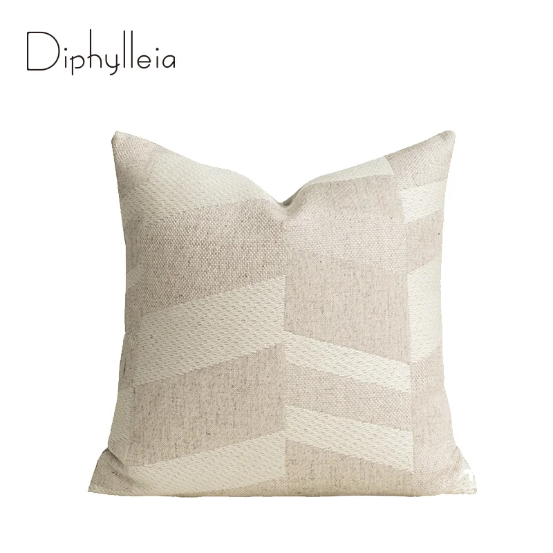 Diphylleia Hotel Decorative Cushion Cover High End Atmosphere Modern Art Geomertic Jacquard Throw Pillowcase Beige Color H Style