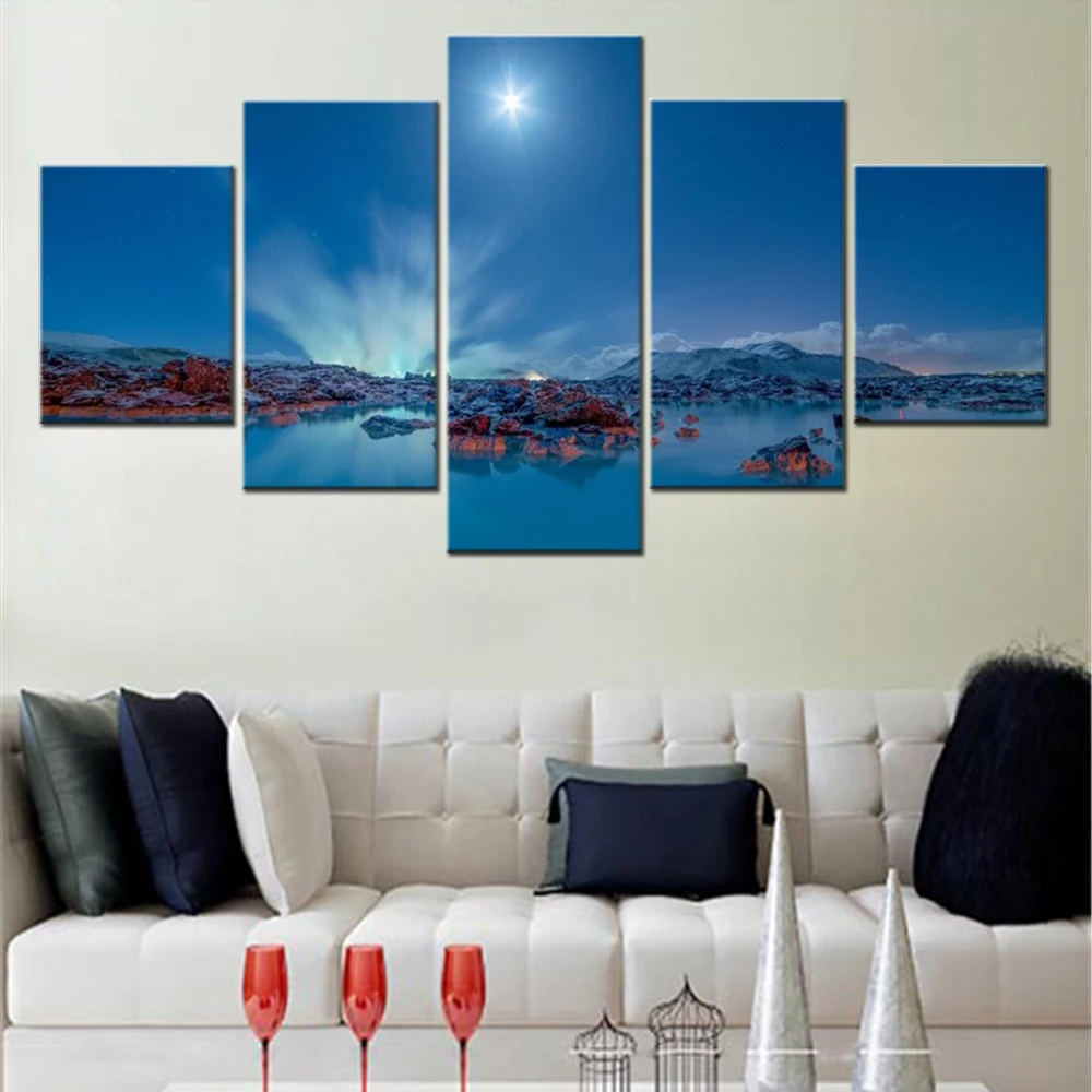 5 Piece Canvas Wall Art Poster Painting Landscape Sea Coast Iceland Lagoon Night Moon Picture Print Home Decor Living Room Mural