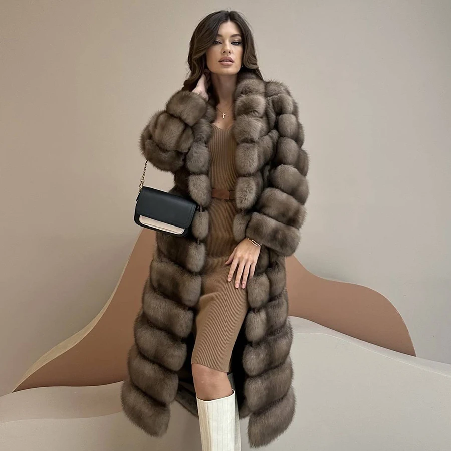 Casaco Real Fox Fur para mulheres, casaco de inverno luxuoso, quente, comprimento médio, pele natural, lapela, 2023