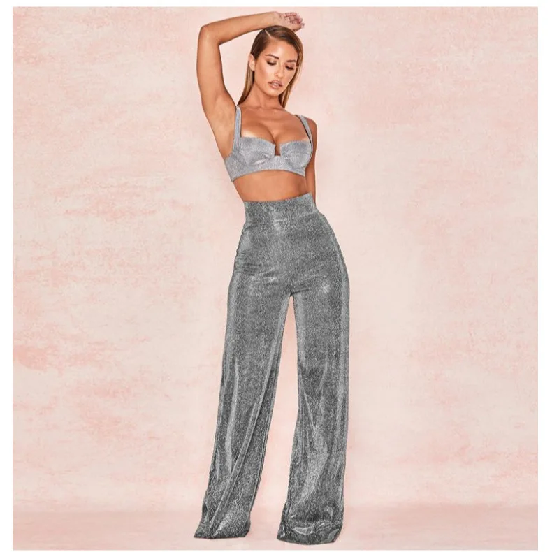 

Fashion Silvery Wide Leg Pants Women's Casual High Waist Pant Vintage Streetwear Popular Trouser Female Classic Bar Party Pants