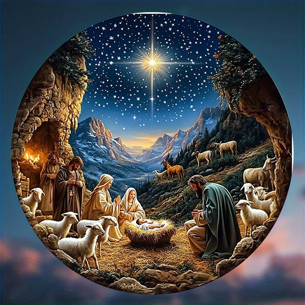 Round Nativity Scene Metal Tin Plaque 2D Flat,7.87 Inch Christmas Holy Night Iron Sign Vintage Wall Decor Religious Home Indoor