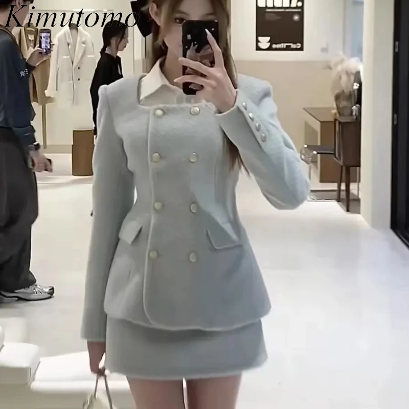 Kimutomo Small Fragrance Two Piece Sets Womens Outfits Solid Color Double Breasted Wool Coat High Waist A Line Hip Mini Skirt