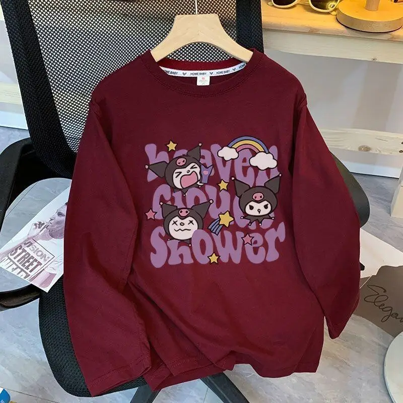 

Женская футболка с длинным рукавом Sanrio Kuromi, из чистого хлопка, повседневная, свободного кроя, милый американский стиль, осенняя модная одежда