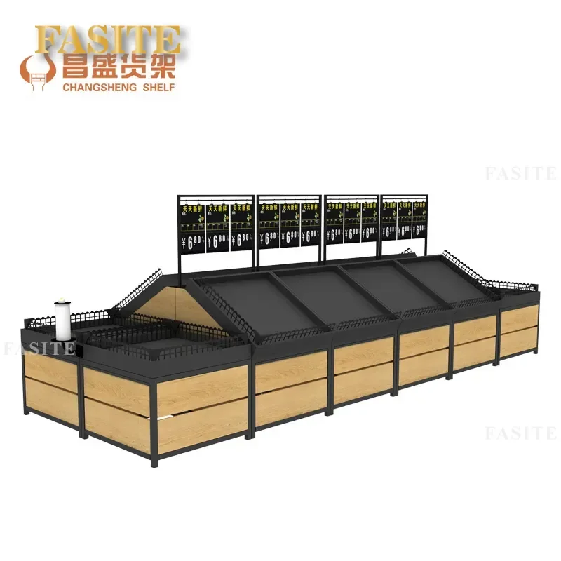 For Supermarket Steel Wood Fruit Vegetable Rack Multi Layer Fresh Display Shelf Storage Stand Grocery Store Produce Organizer