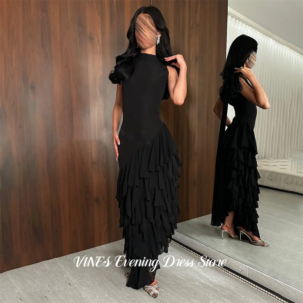 

VINES Black Party Dress High Neckline Evening Dress Asymmetrical Tiered Ruffle Party Gown Chiffon Prom Gown for Women Customized