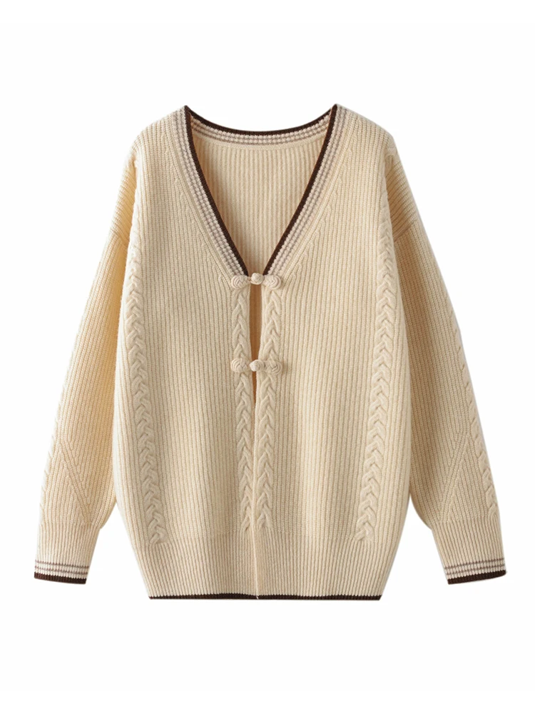 

Women Handmade Buttoned Cardigan Autumn Winter V-neck Long Sleeve Cashmere Sweater Warm Soft 100% Merino Wool Knitted Tops