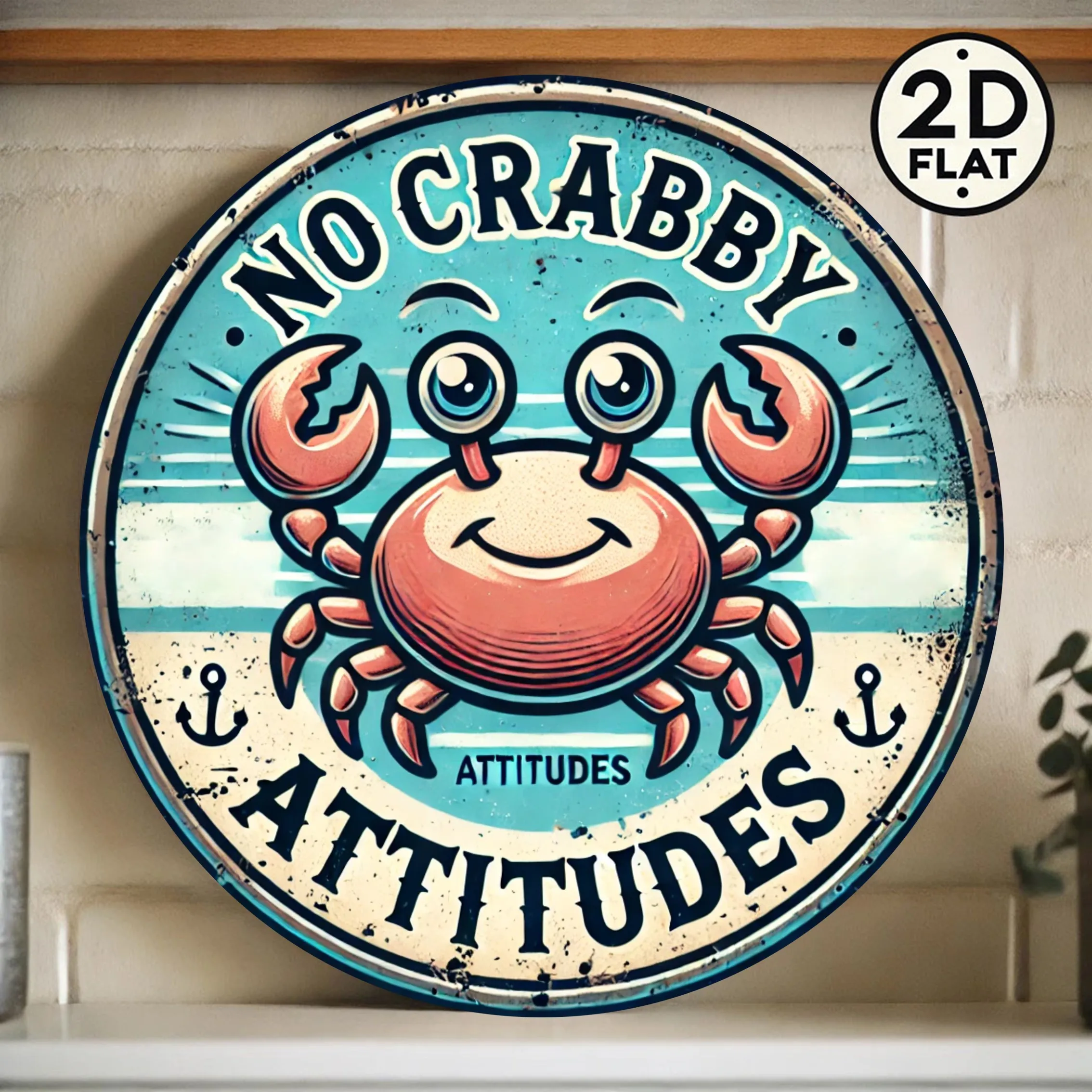 This Decorative Round Aluminum Plaque Features an Adorable Crab with the Phrase 