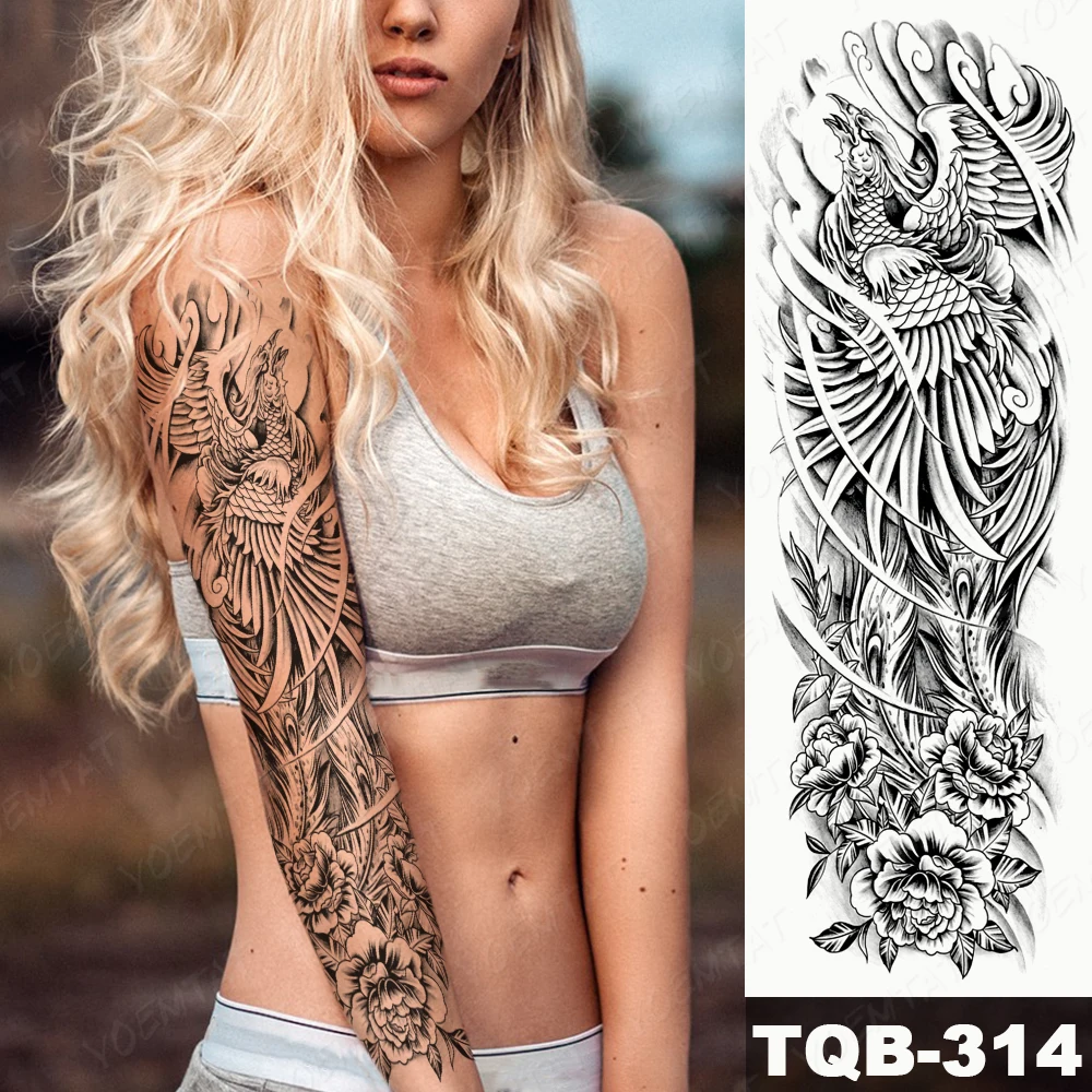 Large Full Arm Sleeves Phoenix Peony Crane Waterproof Temporary Tattoo Sticker Chinese Style Fake Tatoo Men Women Body Art Color