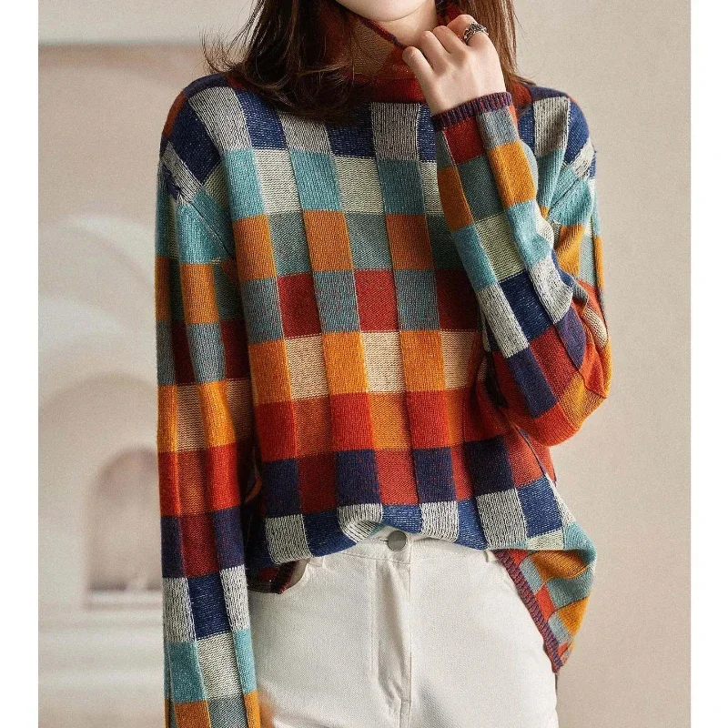 

New Fashion Colorful Pullovers Checkerboard Foreign Trade Knitted Sweater for Women New High Collar Lazy Style Slim Outer Top