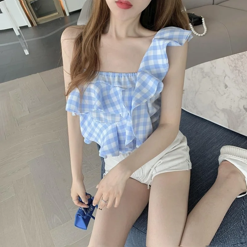 

Women's Single-Shoulder Sleeveless Plaid Off-Shoulder Ruffled Vest, Irregular Tube Crop Top, Casual Ladies Vest