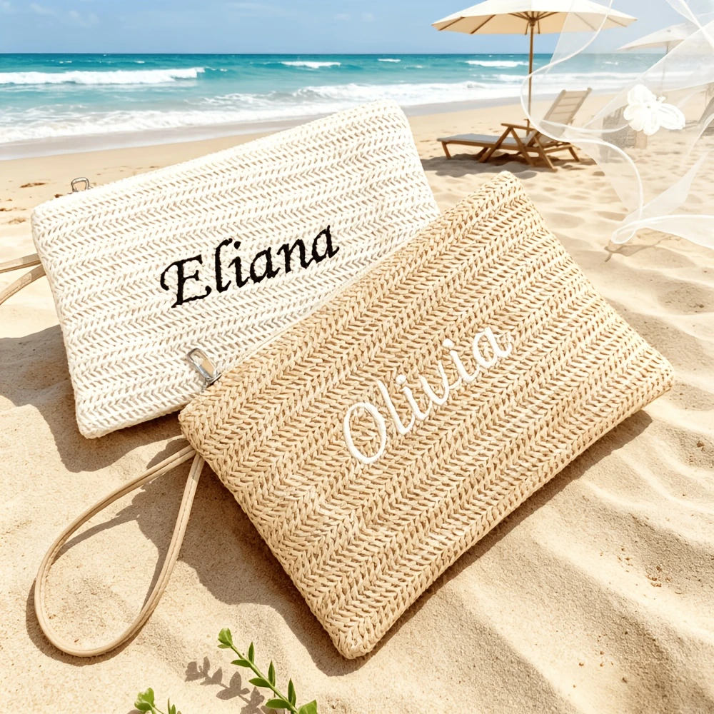 Borsa per il Trucco in Paglia Intrecciata con Nome Personalizzato, Borsa Portatile per Cellulare e Piccoli Oggetti Essenziali, Ideale per l'Uso Quotid