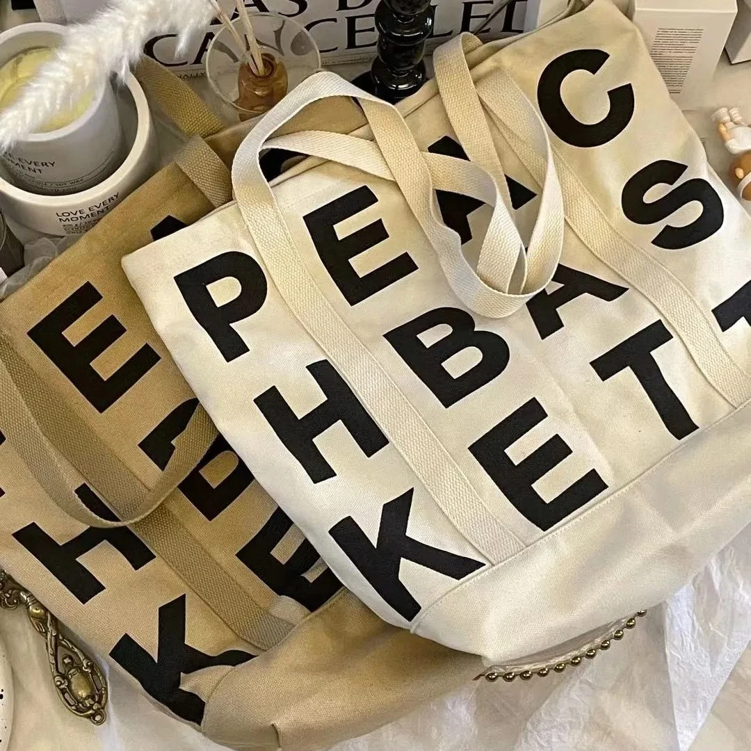 Women Canvas Shoulder Bag Letter Printing Ladies Casual Handbag Tote Bag Large Capacity Cotton Reusable Shopping Beach Bag 2022