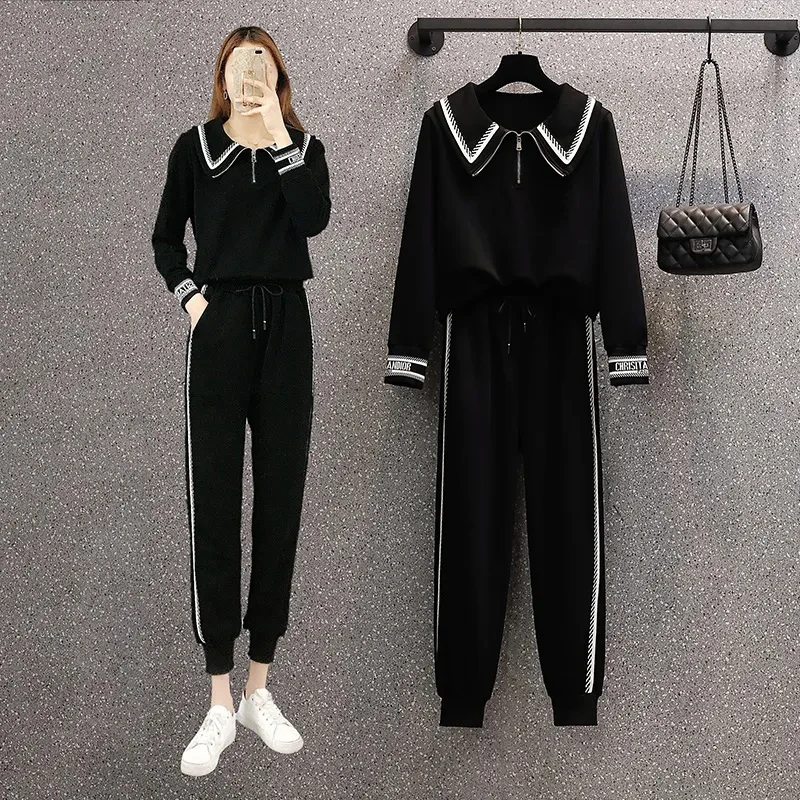 Oversized 4xl Jogging 2 Piece Set Korean Lapel Pullover Sweatshirt + Ankle Length Pant Suits Women Outfits 2023 Spring Tracksuit