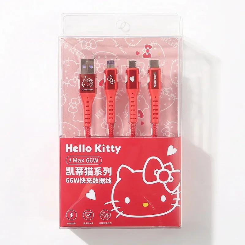 Kawaii Hello Kitty 3 in 1 Fast Charging Cable Data Line MINISO Kuromi for Micro Type-C USB Lightning Portable Car Charger New