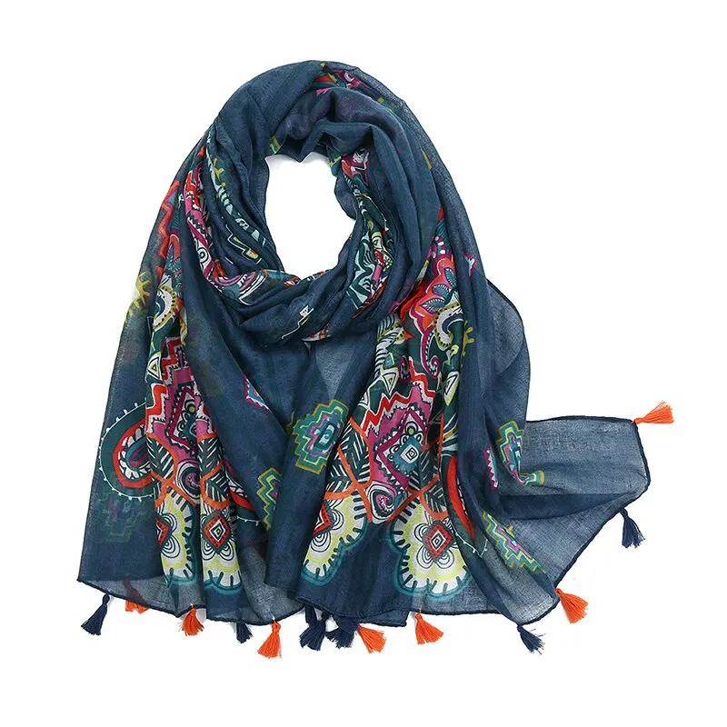 Fashion Printed Geometric Cotton Viscose Tassel Scarf For Woman Muslim Hijab Summer Elegant Shawl Ladies Heabdand 180*90cm