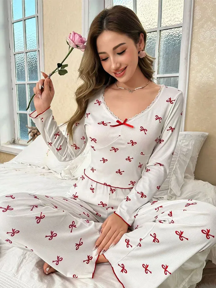Sweet Bowknot Print Pajama Set Women Fashion Lace Spliced Long Sleeve Tops Pants Korean Style Casual Color Blocked Sleepwear