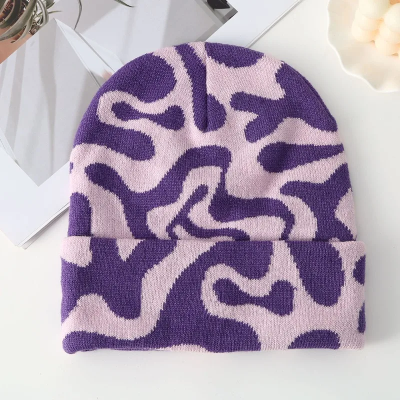 Custom Embroidered Logo Autumn and Winter Color-block Camouflage Knit Hat Unisex Outdoor Skiing Warm Stretch Skull Beanie Caps