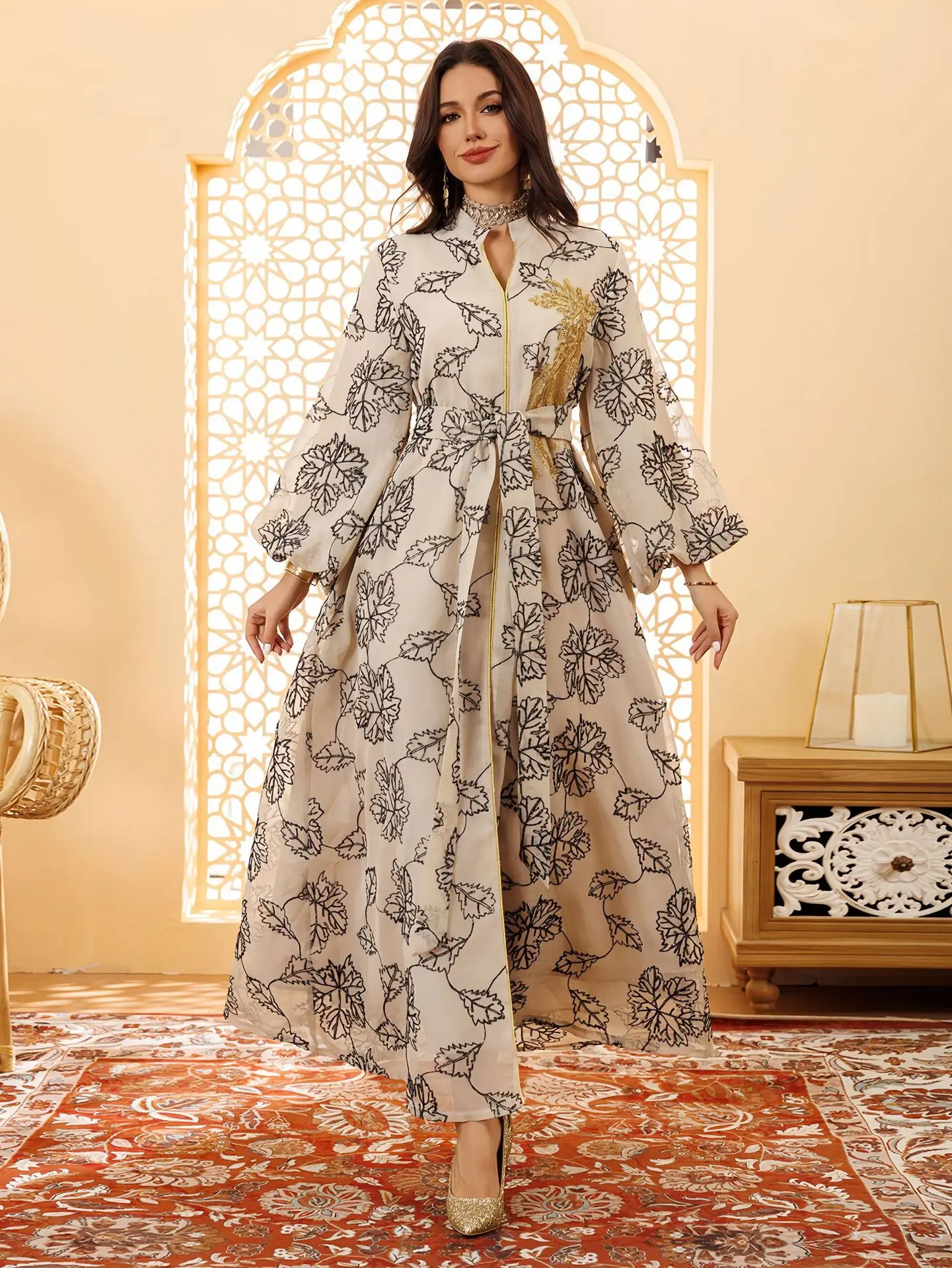

Jalabia Dress HandEmbroidered TulleMesh FloorMaxi Dress ModestLoose Pullover MuslimWear Dress SheerElegant Long Kaftan Gown