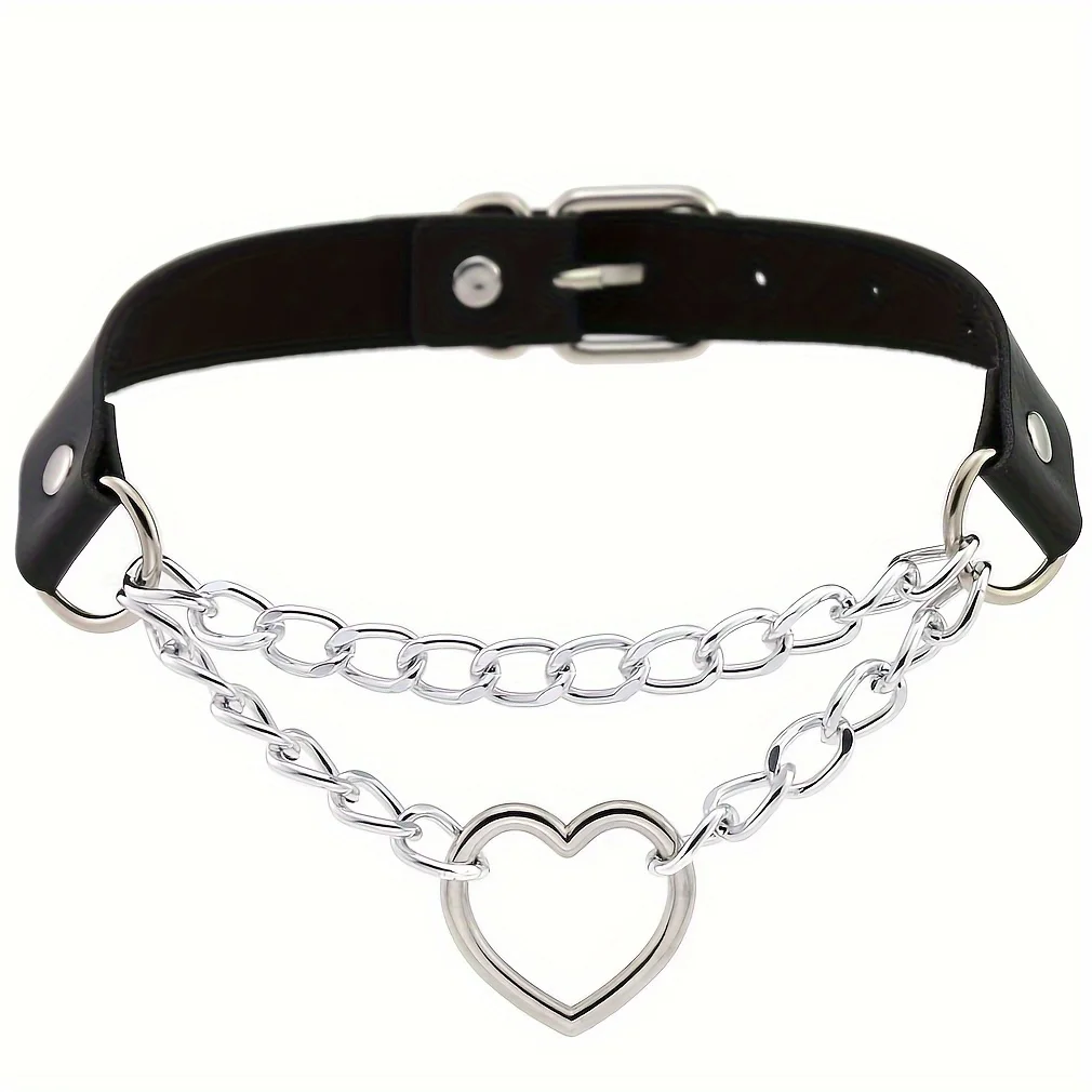 Personalized Fashion Punk Hip-Hop Gothic Peach Heart Shaped Chain Collar Necklace Trend Leather Love Heart Collar