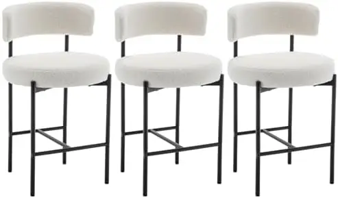 Boucle Bar Stools Set of 3, White Counter Height Bar Stools with Backs, Modern Barstools for Kitchen Island, Pub, Club