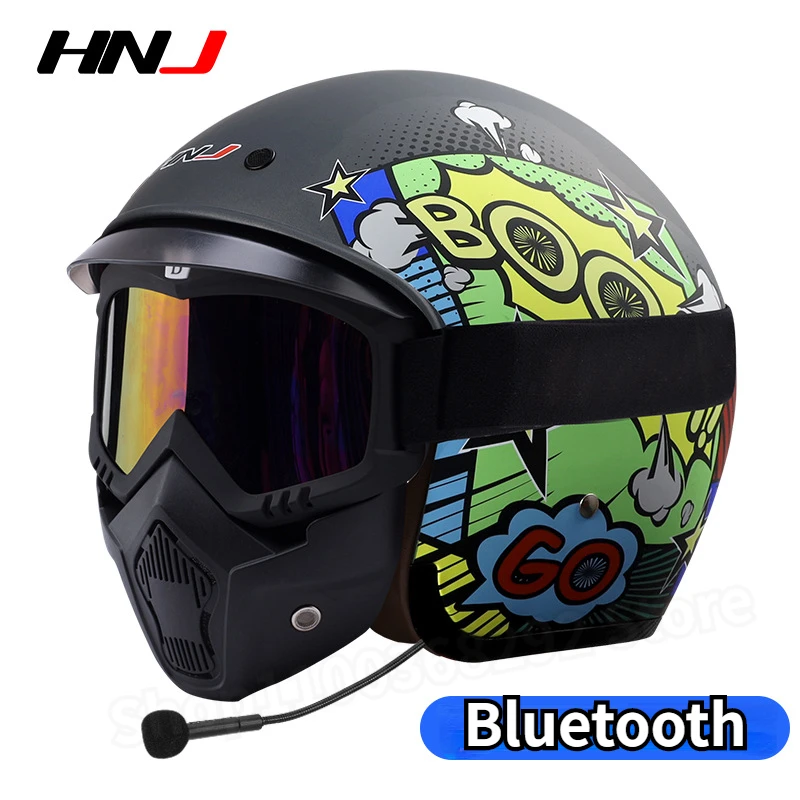 

HNJ Motorcycle Retro Helmet Road Race Motorcross Helmet Bluetooth Men Riding Half Helmet Casco Moto