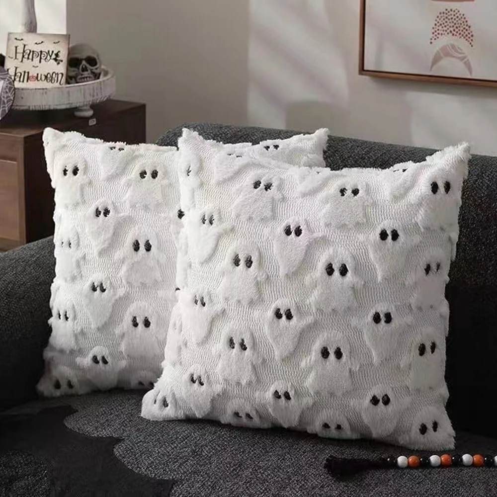 BUYNOW 1PC Halloween Quilting Throw Pillow Covers Traditional Style Soft Plush Geometric Ghost Halloween Pillow Cover Home Decor