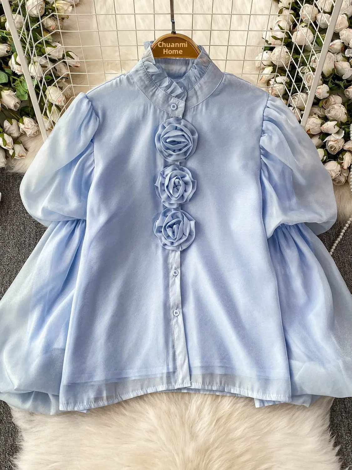 

Ladies' Stand Collar irt Single Button Loose Design Lantern Sve Top Summer Faionable Korean Sle Bubble Sve Blouse