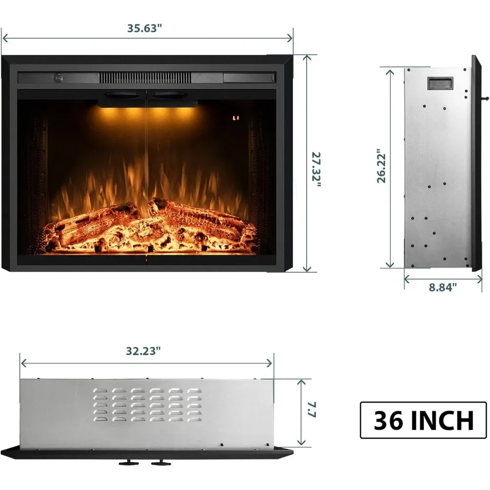 36 Inch Electric Fireplace with Glass Door and Mesh Screen, Multi-color Flames and Flame Crackling Sound, Timer, 750/1500W