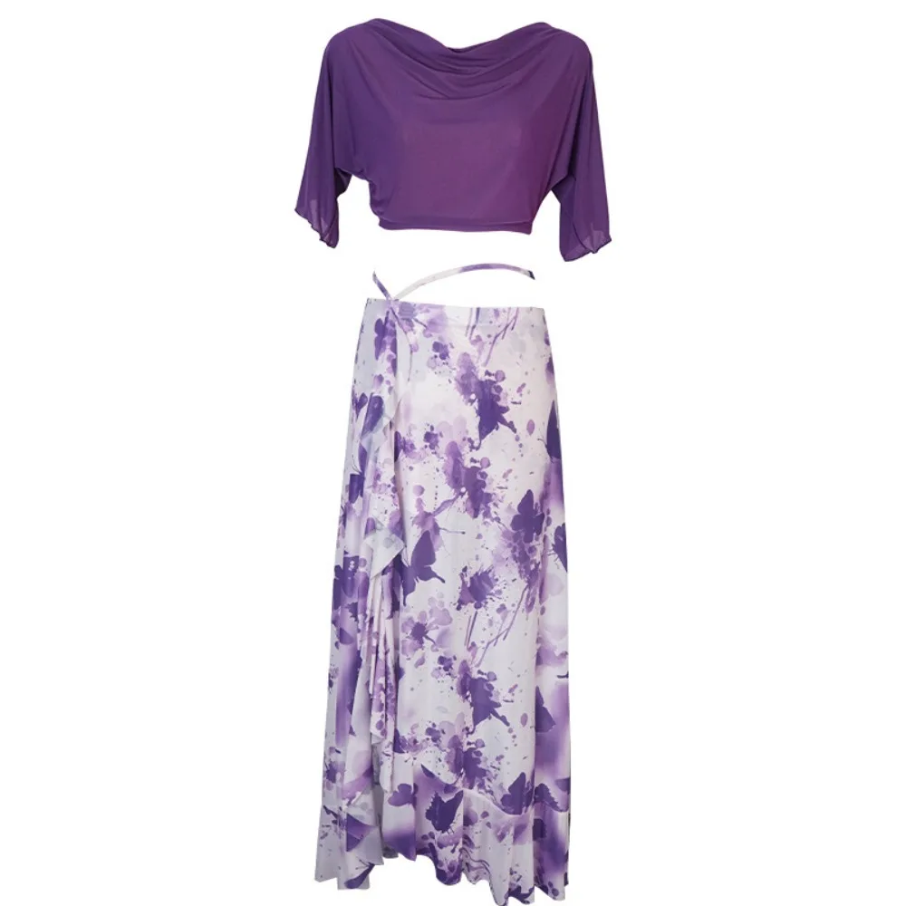 

Элегантный комплект для танцев: топ из сетки и кружева с юбкой, со встроенными защитными шортами, для выступлений и тренировок, в французском стиле, для восточных танцев