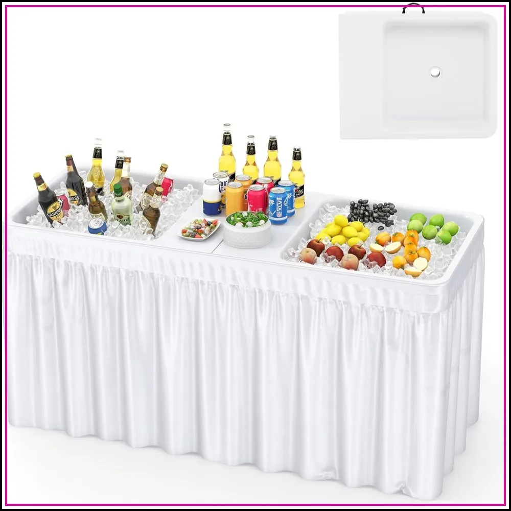 5 FT Folding Ice Table with Double Sinks, Drains and Removable Skirt, Portable Cooler Stand, White