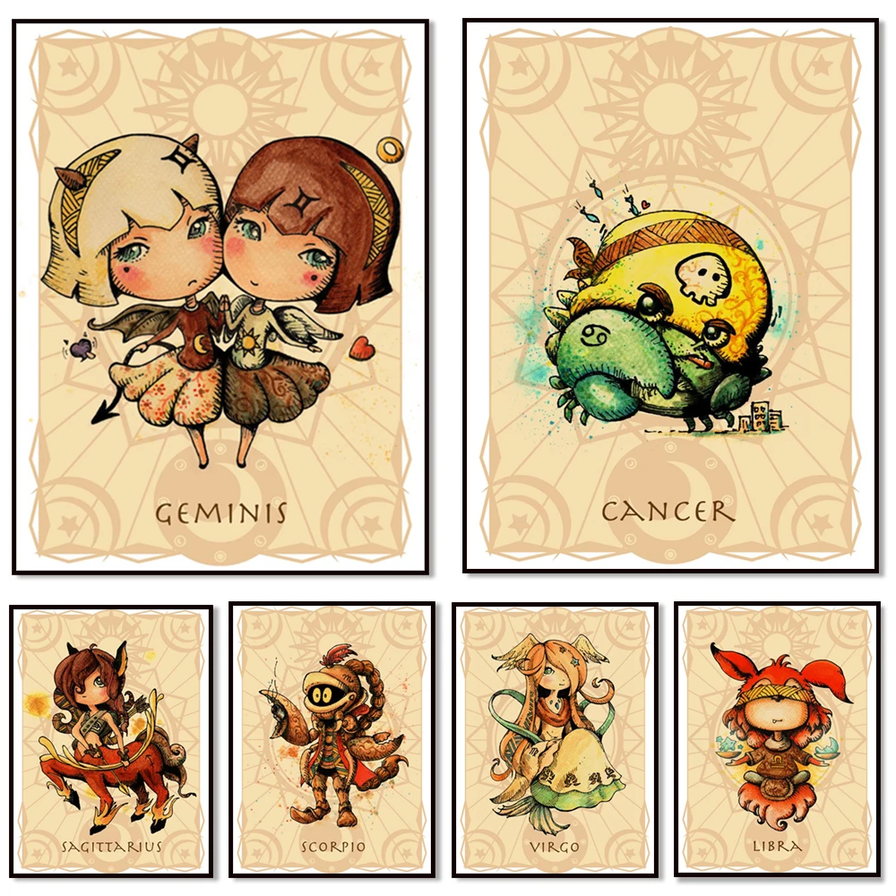 

Cute Cartoon Zodiac Canvas Painting Horoscope Poster Print Wall Art 12 Logo Pictures for Living Room Home Decor