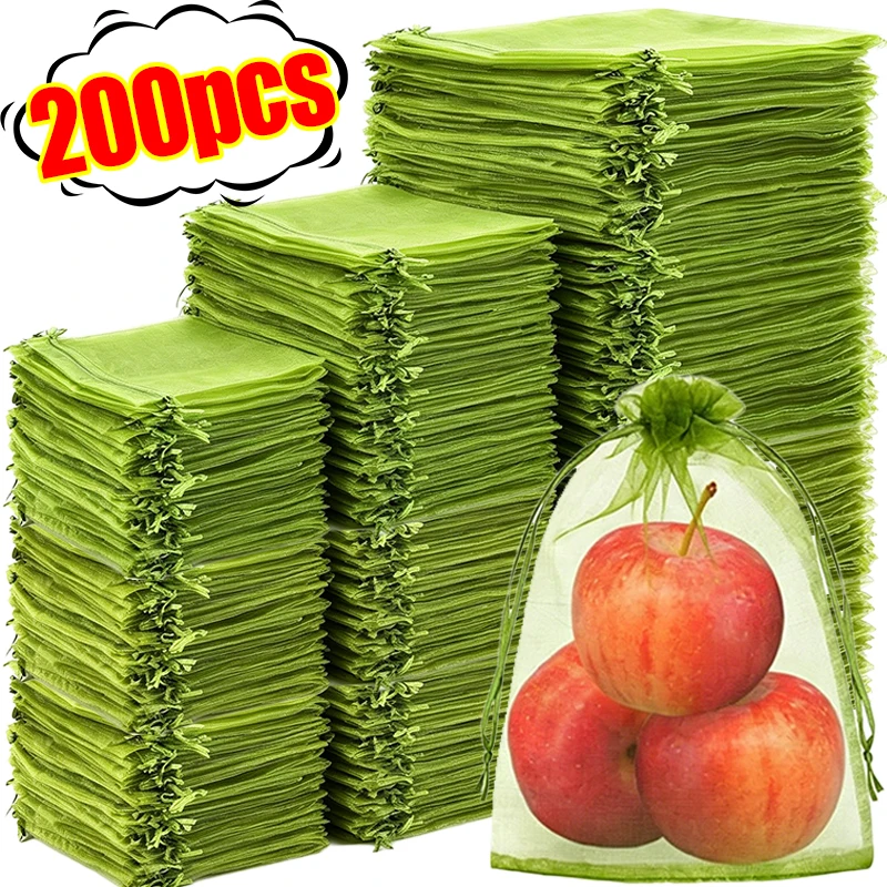 200/10PCS Green Fruit Vegetable Drawstring Bags Grape Protection Bags Netting Grow Bag Insect-proof Anti-Bird Mesh Pouches Cover