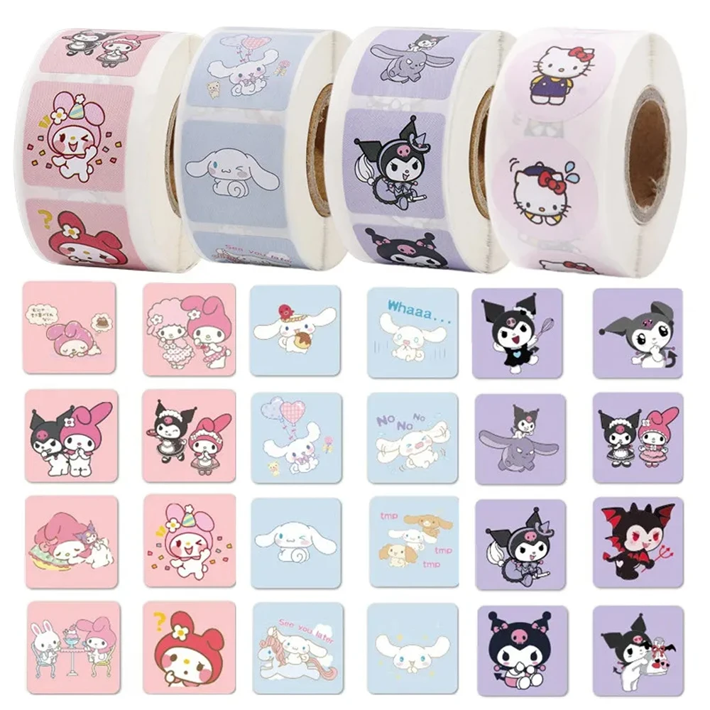 MINISO 500Pcs/Roll Sanrio Stickers Hello Kitty Melody Kuromi Cinnamoroll Luggage Graffiti Decals Kid Toy Decoration Sticker