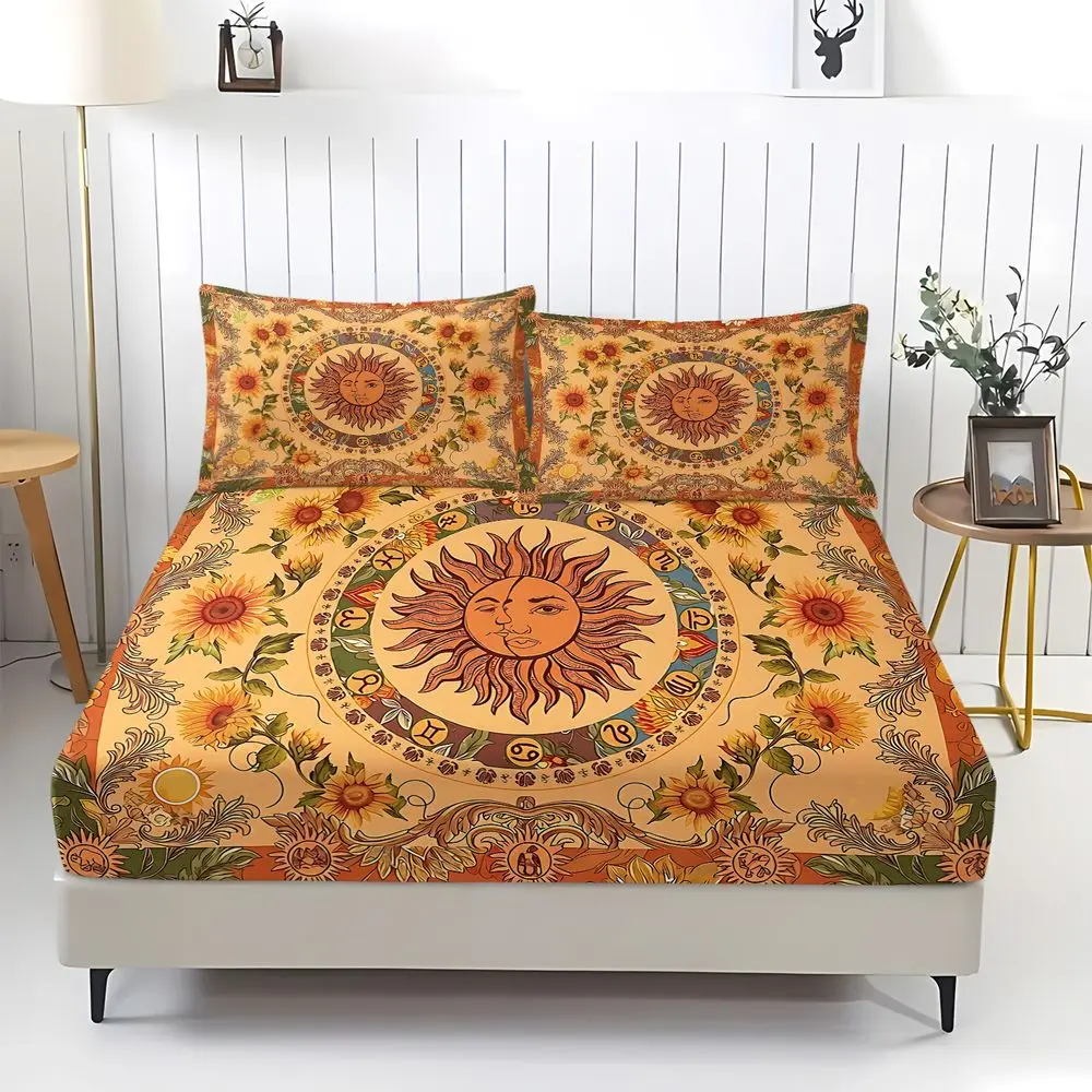 Boho Sun Sunflower Zodiac Print Fitted Sheet Set Bed Sheet Set Digital Printed Bedding Soft Elastic Deep Pocket Home Decor