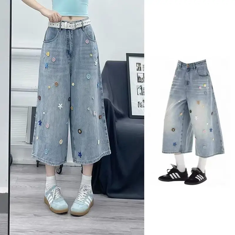 Colorful Button Cropped Jeans Women - Summer Loose Fit Straight Leg Capris, Y2K Wrinkled Texture Denim Pants, Unique Statement C