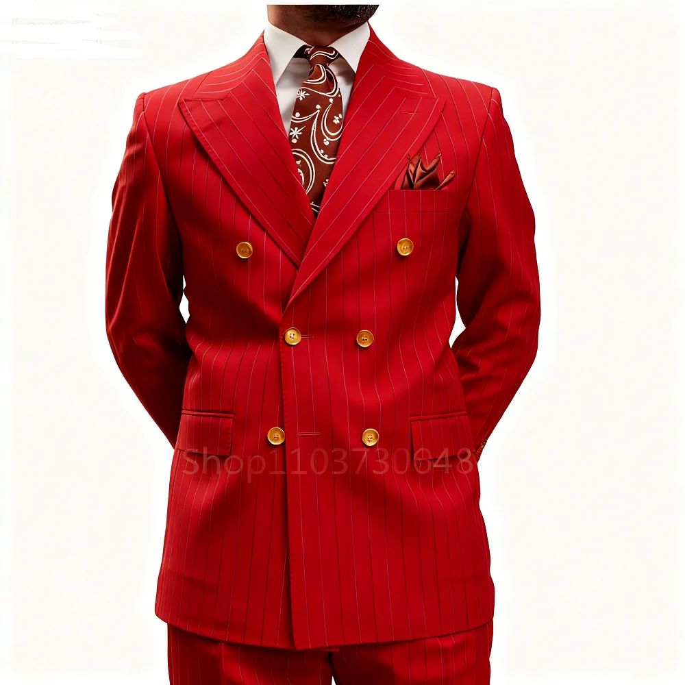 

2-Piece Light Grey Striped Men's Tuxedo Fine Fit Peak Lapel Double Breasted Blazer Wedding Business Suit Ensemble