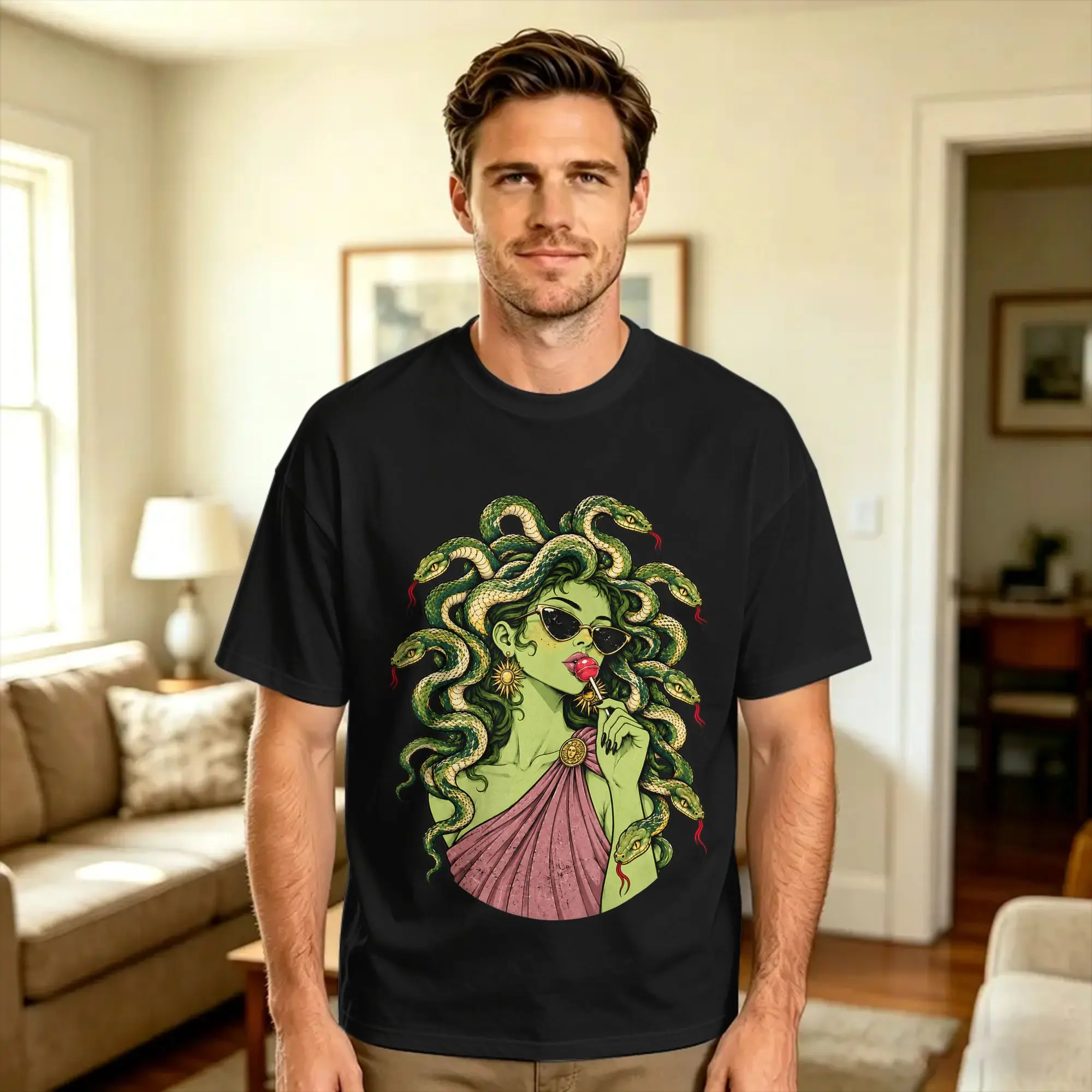 Medusa Lollipop Sunglasses Snake Vintage Greek Mythology T-Shirt Summer  100% Cotton T Shirts For Mens Pattern Tee Shirt Short