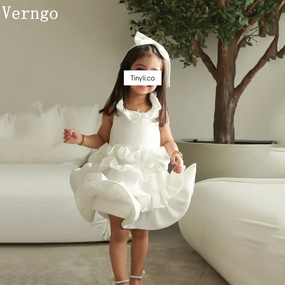 

Verngo lvory Crepe Mini Kids Formal Outfit O Neck Sleeveless Pleated Flower Girl Dress Eid Arabia Evening Dresses Customized