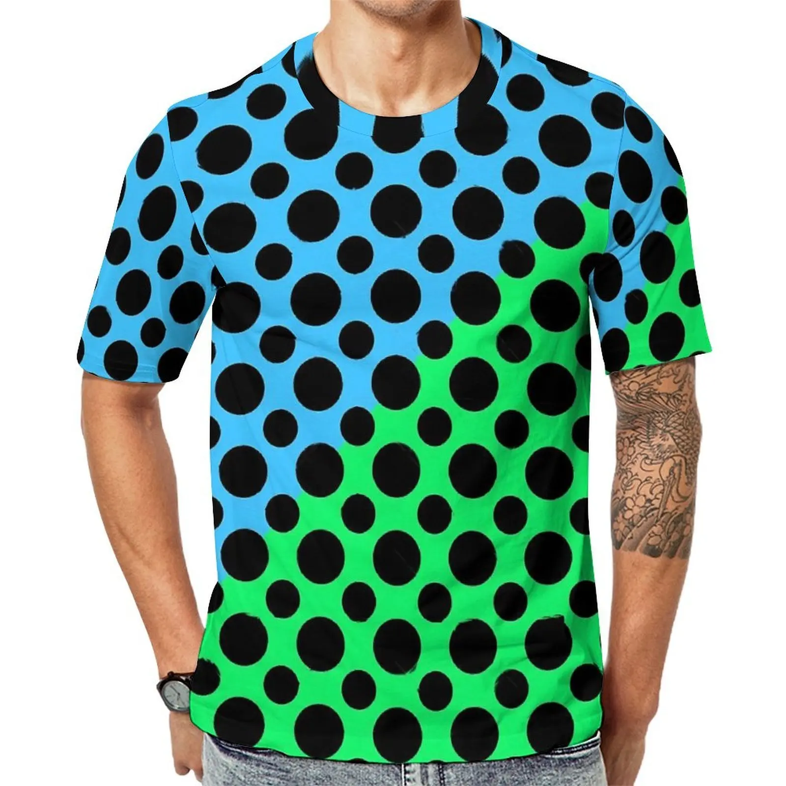 Oversized T Shirt Beach Blue Green Color Block T Shirts Black Dot Y2K Casual O-Neck Tee Shirt Male Fashion Printed Top Tees